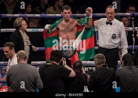 London, Großbritannien. 2 Feb, 2019. Sergio Garcia vs Ted Cheeseman. Europäische super welterweight Champion Titel in der O2 Arena. Credit: Guy Corbishley/Alamy leben Nachrichten Stockfoto