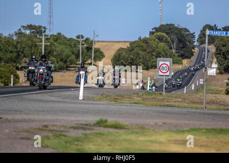 Victoria, Australien. 3. Feb 2019. Grampians Fahren-03 Februar 2019 - See Bolac - Victoria - Australien. Die 400 Radfahrer auf den jährlichen Grampians Fahrt zu erinnern Geldbeschaffer, Donner durch See Bolac in Western Victoria für einen kurzen Stopp auf der 173-km-Ritt zu erinnern, Polizisten, die ihr Leben in der Linie der Service verloren haben und die Mittel für den Osten Grampians Gesundheit Serices Credit wirft zu Ehren: Brett Keating/Alamy leben Nachrichten Stockfoto