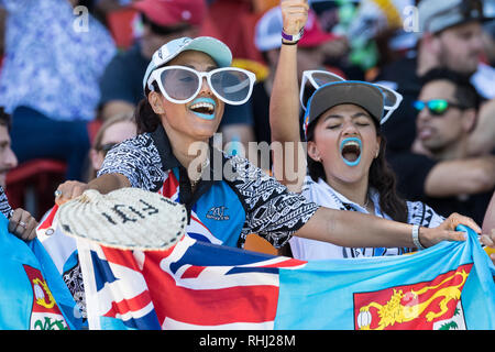 Sydney, Australien. 3. Feb 2019. Fidschi Fans während der 2019 HSBC Sydney 7s im Sydney Olympic Park, Sydney, Australien, am 3. Februar 2019. Foto von Peter Dovgan. Credit: UK Sport Pics Ltd/Alamy leben Nachrichten Stockfoto