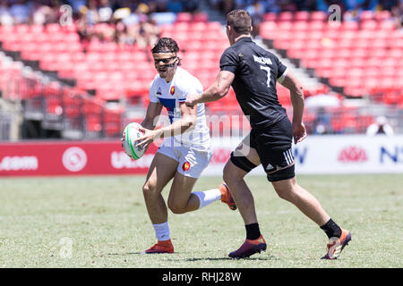 Sydney, Australien. 3. Feb 2019. Frankreich auf den Angriff während des 2019 HSBC Sydney 7s im Sydney Olympic Park, Sydney, Australien, am 3. Februar 2019. Foto von Peter Dovgan. Credit: UK Sport Pics Ltd/Alamy leben Nachrichten Stockfoto