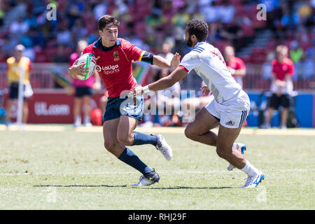 Sydney, Australien. 3. Feb 2019. Spanien auf dem Angriff während des 2019 HSBC Sydney 7s im Sydney Olympic Park, Sydney, Australien, am 3. Februar 2019. Foto von Peter Dovgan. Credit: UK Sport Pics Ltd/Alamy leben Nachrichten Stockfoto