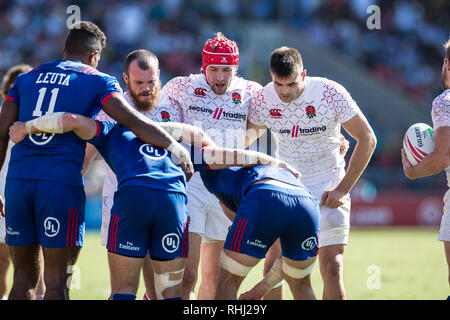 Sydney, Australien. 3. Feb 2019. England scrum während der 2019 HSBC Sydney 7s im Sydney Olympic Park, Sydney, Australien, am 3. Februar 2019. Foto von Peter Dovgan. Credit: UK Sport Pics Ltd/Alamy leben Nachrichten Stockfoto