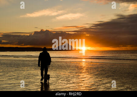 Langen Felsformation, Cornwall, UK. 3. Feb 2019. UK Wetter. Es war 4 Grad C auf einem sonnigen Start in den Tag in der South West Cornwall. Es gab Leute, die Angeln, Joggen und ihre Hunde am Strand. Foto: Simon Maycock/Alamy leben Nachrichten Stockfoto