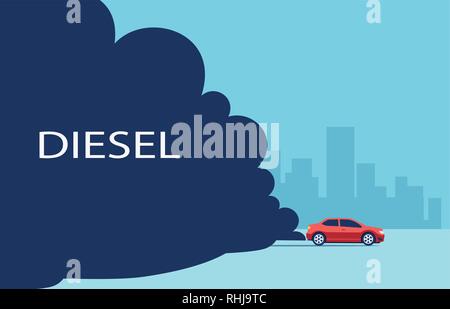 Diesel Skandal Konzept. Der Vektor der ein Auto mit einem dunklen Rauch auf einem stadtbild Hintergrund Stock Vektor