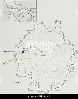 . Die Vögel des Mt. Isarog Nationalpark, Southern Luzon, Philippinen, insbesondere in Bezug auf höhenverbreitung. Vögel. Abb. 1. Karte von der südöstlichen Luzon und Mount Isarog. Die durchgezogene Linie, die den Berg stellt das aufforstungsprojekt Begrenzung. Die Positionen der Panicuason Zentrale Kindergarten und unsere fünf Transekt Punkte sind auf der Westseite des Berges. Die Einfügung wird im Süden von Luzon. GOODMAN & Amp; Gonzales: VÖGEL VON MT. ISAROG NATIONAL PARK. Bitte beachten Sie, dass diese Bilder aus gescannten Seite Bilder, die digital wurden extrahiert werden Stockfoto