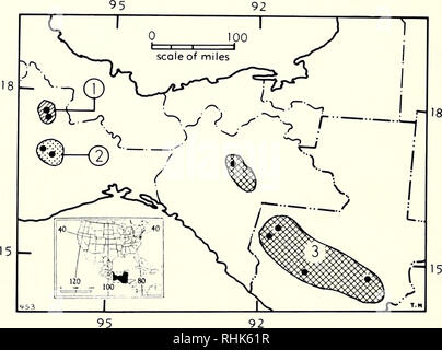 . Biologie der Neuen Welt Microtus. Nagetiere; Nagetiere; Microtus; Wühlmäuse. 106 Hoffmann und Koeppl. Abb. 16. Verteilungen von M. oaxacensis (1), M.umbrosus (2), und Microtus gua - temalensis (3) (geändert von Hall, 1981). land Bridge. Aber, Martin (1979) war vorsichtiger und sug - gested, dass die frühesten Aufzeichnungen in Nordamerika zurückdatieren können diese in Eurasien. In jedem Fall, die Linien dieses frühen Strahlung wahrscheinlich gehören die untergattung Phaiomys (jetzt auf die Alte Welt beschränkt) und frühen Neodon (Martin, 1974; Repenning, 1980). Sur-Vivors dieser frühen Strahlung in der Neuen Welt kann includ Stockfoto