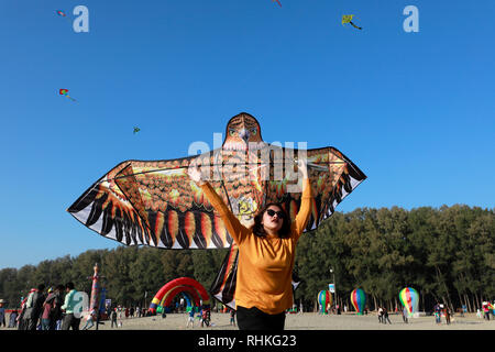 Cox's Bazar, Bangladesch - Februar 01, 2019: Teilnehmer, die meisten Jugendlichen, fliegende Drachen verschiedener colures und Sorten während eines traditionellen Kite fest Stockfoto