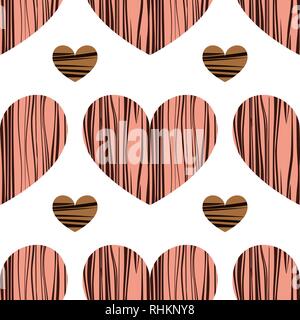 Rosa und beige Herzen mit Streifen. Hintergrund mit nahtlosem Muster. Vektorabbildung. Hintergrundbild zum Valentinstag Stock Vektor