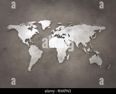 Weiße 3D-Weltkarte auf blauem Hintergrund Stockfoto