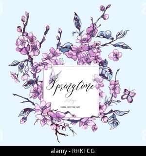 Aquarell Frühling Grußkarte vintage blumiges Bouquet mit Rosa Stock Vektor