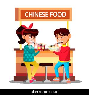 Asiatische Kinder Jungen und Mädchen Essen mit Stäbchen Sitzen auf Cafe Vektor. Isolierte Abbildung Stock Vektor