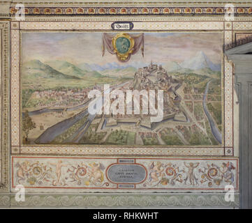 Ansicht der Österreichischen Stadt Graz in der Wandmalerei von tonico Lombardi, Cesare Baglioni und Turino Piemontese im ersten Hof (Primo cortile) im Palazzo Vecchio in Florenz, Toskana, Italien. Stockfoto