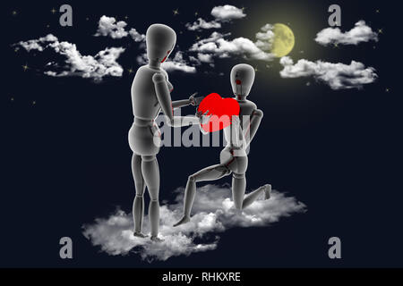3D-Darstellung. Erklärung der Liebe im Himmel zwischen den Wolken. Freund bietet die Herzen am Valentinstag. Stockfoto
