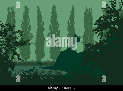 Realistische Darstellung eines Feuchtgebiets Landschaft mit einem See oder Fluss, Schilf und Pappeln am Ufer. Drei Störche unter einem grünen Himmel-Vektor Stock Vektor