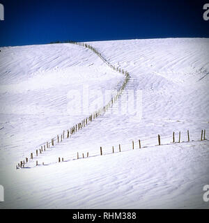 Hügel mit Schnee im Winter und Zäunen, Winter landschaft schnee Szene, Auvergne, Frankreich Stockfoto