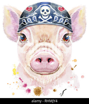 Aquarell Portrait von mini Schwein tragen Biker Bandana Stockfoto