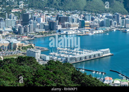 Blick über die Bucht von Wellington, mit Marina im Vordergrund und Geschäftsviertel und Hügeln im Hintergrund, Wellington, Neuseeland Stockfoto