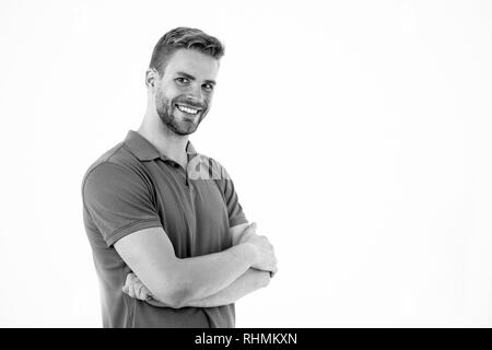 Mann sport Kleidung auf weißem Hintergrund. Bärtiger Mann in Blau legere Kleidung. Sport Fashion Style und Trend. Fitness und Turnhalle Kleidung. Macho Kleidung für aktiven Lebensstil Training oder Schulung. Stockfoto