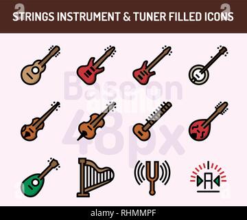 String Instrument Symbol gesetzt. Umrisse gefüllt Symbole auf 48 Pixel mit Pixel perfekt. Vector Illustration Stock Vektor