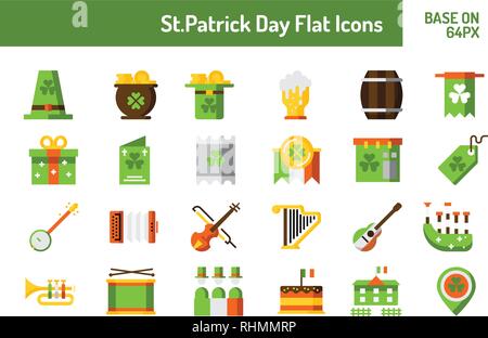 St. Patricks Tag Icon Set. Flache Symbol base auf 64 Pixel mit Pixel perfektes Design. Vector Illustration Stock Vektor