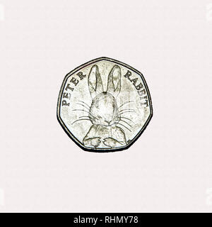 Limited Edition Britische 50p Stück Münze zum Gedenken an Peter Hase Beatrix Potter Charakter Stockfoto