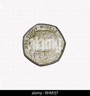Limited Edition Britische 50p Stück Münze zum Gedenken an Beatrix Potter Charakter Mrs Tiggy-Winkle Stockfoto