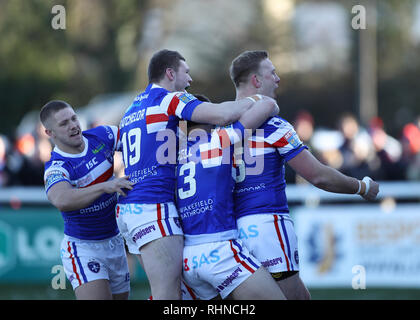 Trailfinders Sportplatz, London, UK. 3 Feb, 2019. Betfred Super League Rugby, London Broncos gegen Wakefield Trinity; Craig Kopczak von Wakefield Trinity feiert zählen seine Seiten 1. Versuchen Sie, in der 8. Minute machen es 0-6 Credit: Aktion plus Sport/Alamy leben Nachrichten Stockfoto