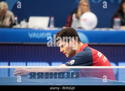 Montreux, Schweiz. 3. Feb 2019. Dimitrij Ovtcharov (GER), Feb 3 2019 - Tischtennis: ITTF Europa Top 16 Cup Montreux 2019 an an der Pfad entführt Stadion in Montreux, Schweiz, 03-02-2019. Quelle: Eric Dubost/Alamy leben Nachrichten Stockfoto