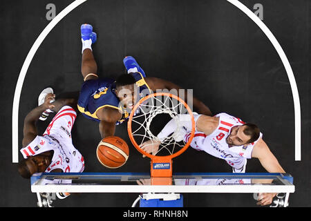 Turin, Italien. 03 Feb, 2019. Während der lega BASKET SERIE A 2018/19 basketball Match zwischen FIAT AUXILIUM TORINO vs GRISSIN BON REGGIO EMILIA bei PalaVela 3 Februar, 2019 in Turin, Italien. Quelle: FABIO UDINE/Alamy leben Nachrichten Stockfoto