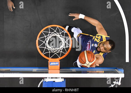 Turin, Italien. 03 Feb, 2019. Während der lega BASKET SERIE A 2018/19 basketball Match zwischen FIAT AUXILIUM TORINO vs GRISSIN BON REGGIO EMILIA bei PalaVela 3 Februar, 2019 in Turin, Italien. Quelle: FABIO UDINE/Alamy leben Nachrichten Stockfoto