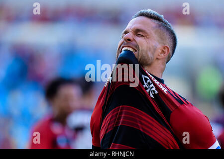 RJ - Rio de Janeiro - 03/02/2019 - Carioca 2019, Flamengo x Cabofriense-Diego Flamengo Spieler sein Ziel bei einem match gegen Cabofriense im Maracana-stadion für die Carioca 2019 Meisterschaft feiert. Foto: Thiago Ribeiro/AGIF Stockfoto