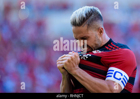 RJ - Rio de Janeiro - 03/02/2019 - Carioca 2019, Flamengo x Cabofriense-Diego Flamengo Spieler sein Ziel bei einem match gegen Cabofriense im Maracana-stadion für die Carioca 2019 Meisterschaft feiert. Foto: Thiago Ribeiro/AGIF Stockfoto