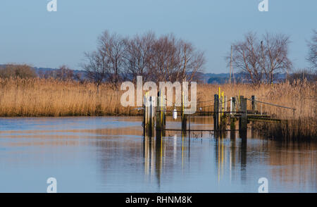 Wareham, Dorset, Großbritannien. 3. Februar 2019. UK Wetter: Eine ruhige Szene in der historischen Marktstadt Wareham als Booten und Bojen im Wasser an einem hellen, sonnigen Winter wider. Credit: DWR/Alamy leben Nachrichten Stockfoto