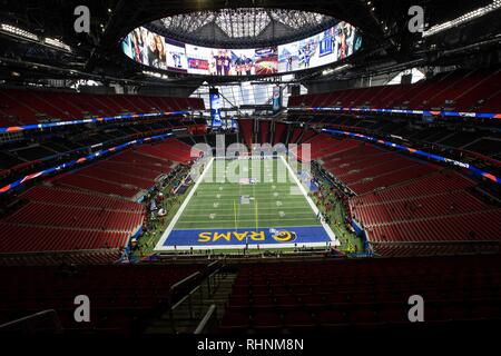 Atlanta, GA, USA. 3 Feb, 2019. Vor dem Super Bowl LIII bei Mercedes-Benz-Stadion in Atlanta, GA am 3. Februar 2019. (Foto durch Jevone Moore) Credit: Csm/Alamy leben Nachrichten Stockfoto