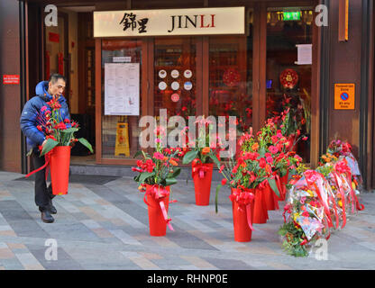 London, Großbritannien. 3 Feb, 2019. Ein Mann gesehen, Blumen, außerhalb seines Shop. Londons Chinatown für das chinesische Neujahrsfest bereit ist, das Jahr des Schweins, das neue Chinesische Laternen, Dekorationen sind für den chinesischen neuen Jahres, das offiziell am 5. Februar beginnt. Credit: Keith Mayhew/SOPA Images/ZUMA Draht/Alamy leben Nachrichten Stockfoto