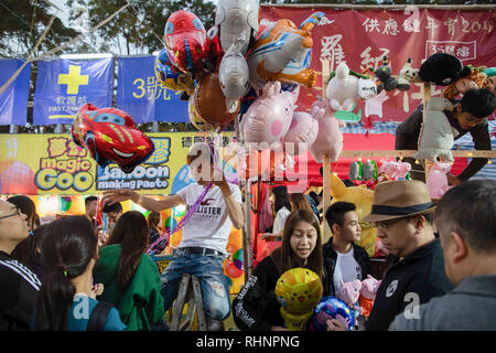 Abschaltdruck Eigentümer verkauft Schwein - Ähnliche Luftballons und Spielzeug in der Feier des Jahres des Schweins im chinesischen Tierkreis. Die jährlichen Chinesischen neue Jahr Markt im Victoria Park, wo die Einheimischen shop für Blumen und Neuheit Spielzeug in der Vorbereitung für die 3-Tages das chinesische Neujahr feiern. Stockfoto