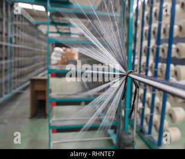 Nahaufnahme Makro Detail von Garn thread Linien, die in der Webmaschine Webstuhl. Garne Spulen in einer Textilfabrik. Stockfoto