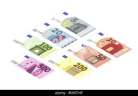 Große Reihe von Euro-banknoten in isometrischer Ansicht. Fünf, zehn, zwanzig, fünfzig, Hundert, zwei Hunderte und fünf Hunderte Hinweise auf Weiß isoliert Stock Vektor