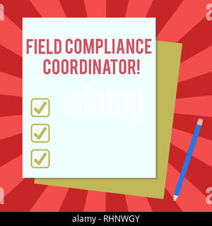 Wort schreiben Text Feld Compliance Coordinator. Business Konzept für bei der Vorbereitung von rechtsetzenden Dokumente Stapel leer verschiedenen Pastellfarben Col unterstützen Stockfoto