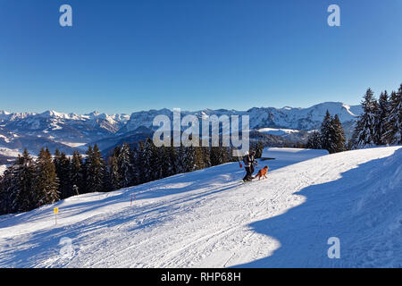 Bödele/Boedele, Vorarlberg, Österreich - Januar 22, 2019: Wanderer mit Schneeschuhen genießen, sonnigen Tag in der Nähe der Gipfel des Hochälpelekopf/Hochaelpelekopf Stockfoto