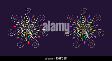 Florales Ornament in Kalligraphischer Stil mit 7 wiederholen Strahlen gedeihen. Vektor radial Dekoration, runde pflanzliche Blumenstrauß mit Blüten und Blätter, Zweige Stock Vektor