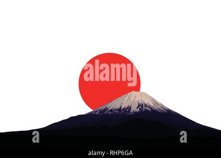 Mount Fuji und Rot aufgehenden Sonne. Flagge und Symbol Japans. Stock Vektor