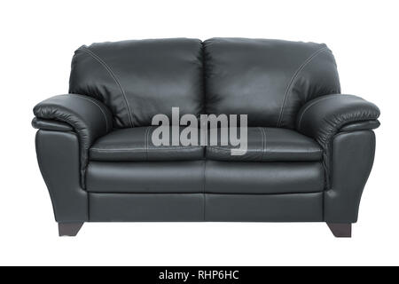 Zwei Sitze gemütlich schwarz Leder Sofa auf weißem Hintergrund Stockfoto