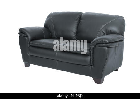 Zwei Sitze gemütlich schwarz Leder Sofa auf weißem Hintergrund Stockfoto