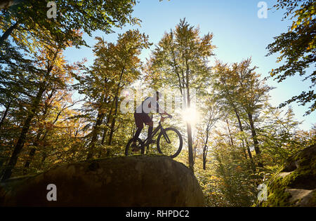 Aktive männliche Radfahrer reiten auf Trial Fahrrad, akrobatische Tricks auf Big Boulder im Wald im Sommer im Freien sonnigen Tag. Konzept der extremen gefährlicher Sport Stockfoto