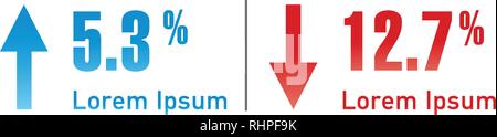 Blau und Rot Prozent Pfeil nach Oben und Unten. Prozentsatz, Pfeil, Reduktion. Banking Konzept. Kann in Präsentationen, Web, Ui, Berichten verwendet werden, Publikationen. V Stock Vektor
