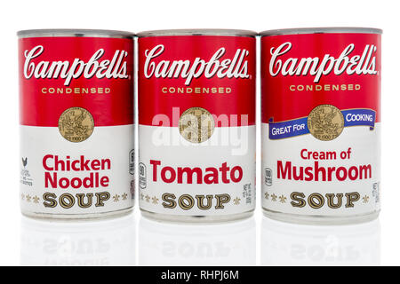 Winneconne, WI-2 Feb 2019: eine Sammlung von Campbells Suppe in Creme von Pilz, Huhn Nudeln und Tomaten auf einem isolierten Hintergrund Stockfoto