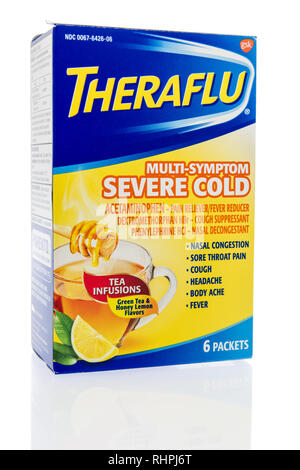 Winneconne, WI-2 Feb 2019: ein Paket von Theraflu multi - Symptom einer schweren Erkältung Medizin auf einem isolierten Hintergrund Stockfoto