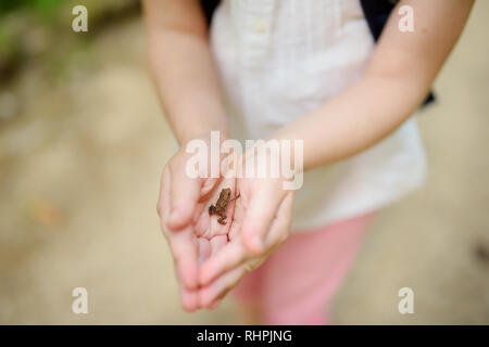 Adorable kleine Mädchen auffällig wenig babyfrogs auf schönen Sommertag im Wald. Stockfoto