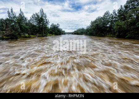 Schnell fließenden Barron River in vollen Flut während der Monsunzeit, Cairns, Far North Queensland, FNQ, QLD, Australien Stockfoto